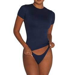 Geagodelia Damen T-Shirt Basic Kurzarm Oberteil Y2k Fashion Crop Top Skims Sommer Clothes Outfit Aesthetic (F - Navy, L) von Geagodelia