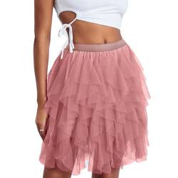 Geagodelia Damen Tüllrock Kurz Elegant Minirock Sommerrock Vintage Tütü Tutu Mini Tüll Rock Halloween Karneval REH Kostüm One Size 34/36/38 F-44436 (A - Pink) von Geagodelia