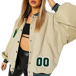 Geagodelia Damen Vintage College Jacke Sweatjacke Baseball Jacke Übergangsjacke Oversize Sweatshirt mit Knopf Y2K Fashion Top Frühling Herbst (Beige, S) von Geagodelia