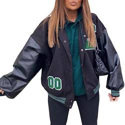 Geagodelia Damen Vintage College Jacke Sweatjacke Baseball Jacke Übergangsjacke Oversize Sweatshirt mit Knopf Y2K Fashion Top Frühling Herbst (Schwarz, XL) von Geagodelia