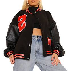 Geagodelia Damen Vintage College Jacke Sweatjacke Baseball Jacke Übergangsjacke Oversize Sweatshirt mit Knopf Y2K Fashion Top Frühling Herbst (Schwarz & Rot, M) von Geagodelia