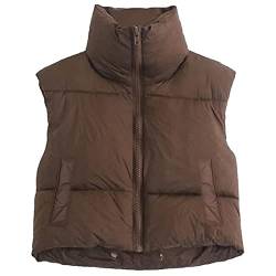 Geagodelia Damen Weste Kurz Puffer Ärmellose Steppweste Daunenweste Elegant Leichte Jacke Steppjacke Oberteile Outdoor Winter Herbst (Kaffee mit Taschen, XL) von Geagodelia