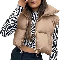 Geagodelia Damen Weste Kurz Puffer Ärmellose Steppweste Daunenweste Elegant Leichte Jacke Steppjacke Oberteile Outdoor Winter Herbst (Khaki mit Taschen, L) von Geagodelia