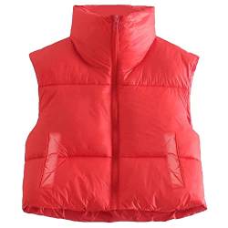 Geagodelia Damen Weste Kurz Puffer Ärmellose Steppweste Daunenweste Elegant Leichte Jacke Steppjacke Oberteile Outdoor Winter Herbst (Rot mit Taschen, S) von Geagodelia