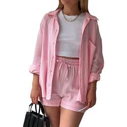 Geagodelia Damen Zweiteiler Elegant Hosenanzug Sommer Outfits Kleidung 2 Teiler Set Bluse Top + Shorts Y2k Aesthetic Clothes Loungewear Anzug (A - Pink, XL) von Geagodelia