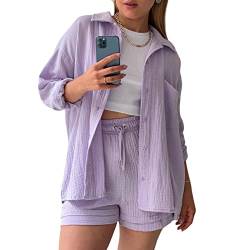 Geagodelia Damen Zweiteiler Elegant Hosenanzug Sommer Outfits Kleidung 2 Teiler Set Bluse Top + Shorts Y2k Aesthetic Clothes Loungewear Anzug (A - Violett, S) von Geagodelia