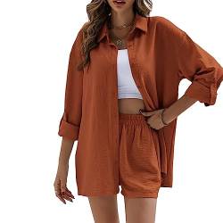 Geagodelia Damen Zweiteiler Elegant Hosenanzug Sommer Outfits Kleidung 2 Teiler Set Bluse Top + Shorts Y2k Aesthetic Clothes Loungewear Anzug (C - Rot Braun, XL) von Geagodelia