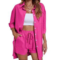 Geagodelia Damen Zweiteiler Elegant Hosenanzug Sommer Outfits Kleidung 2 Teiler Set Bluse Top + Shorts Y2k Aesthetic Clothes Loungewear Anzug (D - Rose, L) von Geagodelia