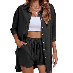 Geagodelia Damen Zweiteiler Elegant Hosenanzug Sommer Outfits Kleidung 2 Teiler Set Bluse Top + Shorts Y2k Aesthetic Clothes Loungewear Anzug (D - Schwarz, L) von Geagodelia