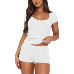 Geagodelia Damen Zweiteiler Lounge Set Hausanzug Weiche Loungewear Pyjamas Elegant 2 Teiler Set Shirt Top + Shorts Schlafanzug Sommer Kleidung Outfit Anzug (B - Weiß, M) von Geagodelia