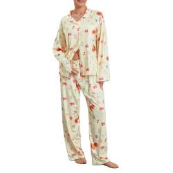 Geagodelia Damen Zweiteiler Lounge Set Lang Weite Hose und Langarm Top Oberteil Schlafanzug Matching Loungewear Pyjamas Leicht Locker Herbst Winter Nachtwäsche (Hose Gelb, M) von Geagodelia