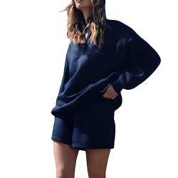 Geagodelia Damen Zweiteiler Outfit Oversized Sweatshirts und Sporthose Kurz Sport Set Locker 2 Teilig Trainingsanzug Elegant Sportlich Hausanzug Loungewear Set (B 01- Navy, M) von Geagodelia