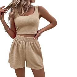 Geagodelia Damen Zweiteiler Sommer Hosenanzug Elegant Outfits Kleidung 2 Teiler Set Crop Tank Top + Shorts Y2k Aesthetic Clothes Workout Sport Anzug (A - Beige, M) von Geagodelia