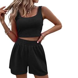 Geagodelia Damen Zweiteiler Sommer Hosenanzug Elegant Outfits Kleidung 2 Teiler Set Crop Tank Top + Shorts Y2k Aesthetic Clothes Workout Sport Anzug (A - Schwarz, L) von Geagodelia