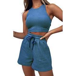 Geagodelia Damen Zweiteiler Sommer Hosenanzug Elegant Outfits Kleidung 2 Teiler Set Crop Tank Top + Shorts Y2k Aesthetic Clothes Workout Sport Anzug (B - Blau, XL) von Geagodelia