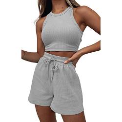 Geagodelia Damen Zweiteiler Sommer Hosenanzug Elegant Outfits Kleidung 2 Teiler Set Crop Tank Top + Shorts Y2k Aesthetic Clothes Workout Sport Anzug (B - Grau, S) von Geagodelia