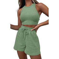 Geagodelia Damen Zweiteiler Sommer Hosenanzug Elegant Outfits Kleidung 2 Teiler Set Crop Tank Top + Shorts Y2k Aesthetic Clothes Workout Sport Anzug (B - Grün, M) von Geagodelia