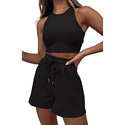 Geagodelia Damen Zweiteiler Sommer Hosenanzug Elegant Outfits Kleidung 2 Teiler Set Crop Tank Top + Shorts Y2k Aesthetic Clothes Workout Sport Anzug (B - Schwarz, L) von Geagodelia