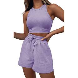 Geagodelia Damen Zweiteiler Sommer Hosenanzug Elegant Outfits Kleidung 2 Teiler Set Crop Tank Top + Shorts Y2k Aesthetic Clothes Workout Sport Anzug (B - Violett, M) von Geagodelia