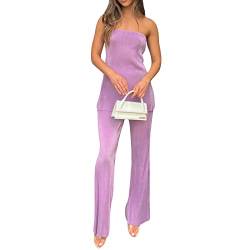 Geagodelia Damen Zweiteiler Sommer Hosenanzug Elegant Outfits Kleidung 2 Teiler Set Top Oberteil + Hose Y2k Aesthetic Clothes Loungewear Anzug (A - Violett (Tube Top), S) von Geagodelia