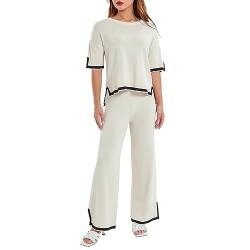 Geagodelia Damen Zweiteiler Strick Hosenanzug Elegant Outfits Kleidung 2 Teiler Set Sweatshirt Top + Hose Y2k Aesthetic Clothes Loungewear Tracksuit Anzug (Kurzarm - Beige, L) von Geagodelia