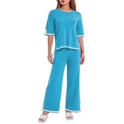 Geagodelia Damen Zweiteiler Strick Hosenanzug Elegant Outfits Kleidung 2 Teiler Set Sweatshirt Top + Hose Y2k Aesthetic Clothes Loungewear Tracksuit Anzug (Kurzarm - Blau, L) von Geagodelia