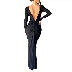 Geagodelia Damenkleid, Maxi-Lange, sexy, figurbetont, mit langen Ärmeln, Abendkleid, tiefer V-Ausschnitt oder rückenfrei, mit zwei Mitteln zu tragen, Schwarz , Large von Geagodelia