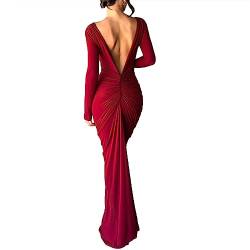 Geagodelia Damenkleid, Maxi-Lange, sexy, figurbetont, mit langen Ärmeln, Abendkleid, tiefer V-Ausschnitt oder rückenfrei, mit zwei Mitteln zu tragen, bordeaux, Large von Geagodelia