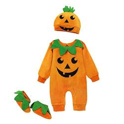 Geagodelia Halloween Baby Kleidung Jungen Mädchen Kürbis Strampler Ärmellos/Langarm Body Overall + Mütze Babykleidung Set Kürbis Oberteile Top Outfit (Orange C mit Schuhen, 12-18 Monate) von Geagodelia