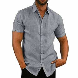 Geagodelia Herren-Sommer-Hemd aus Baumwolle und Leinen, kurzärmelig, einfarbig, Slim Fit, lässig, elegant M-3XL, Grau Large von Geagodelia