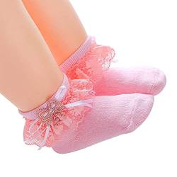 Geagodelia Kleinkind Baby Mädchen Rüschen Socken, süße Art Öse Rüschen Spitze Prinzessin Kleid Söckchen mit Schleife (Rosa, 0-6 Monate) von Geagodelia