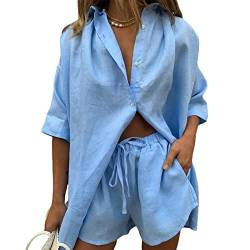 Geagodelia Leinen Zweiteiler Damen Sommer Shorts und Top Bluse Oberteil Set Kurz 2 Teilig Leinenanzug Elegant Outfits Loungewear Set für Strand (B 01- Blau, L) von Geagodelia