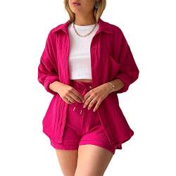 Geagodelia Leinen Zweiteiler Damen Sommer Shorts und Top Bluse Oberteil Set Kurz 2 Teilig Leinenanzug Elegant Outfits Loungewear Set für Strand (D 01- Rosarot, L) von Geagodelia