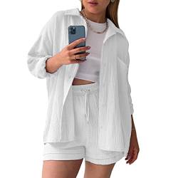 Geagodelia Leinen Zweiteiler Damen Sommer Shorts und Top Bluse Oberteil Set Kurz 2 Teilig Leinenanzug Elegant Outfits Loungewear Set für Strand (D 01- Weiß, L) von Geagodelia