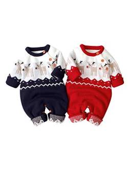 Geagodelia Neugeborenes Baby Junge Mädchen gestrickt Pullover Hirsch Muster Weihnachten Pullover Warm Winter Sweater Weihnachten Pullover (B Jumpsuits Rot, 12-18 Monate,100) von Geagodelia