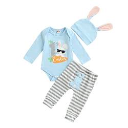 Geagodelia Neugeborenes Baby Ostern Outfit Jungen Mädchen Langarm Strampler Bodysuit Hose Hasenohren Hut Mein Erstes Ostern Baby Kleidung Set Baby Sommer Outfit (B 01-Hellblau, 0-3 Months) von Geagodelia