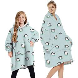 Geagodelia Oversized Hoodie Pullover für Damen Herren Kinder Kuschelig Fleece Decken Hoodie, Hoodie Decke zum Anziehen Kuschelpullover Hausanzug Kapuzenpullover Winter (Hellblau - Pinguin, 7-12 Jahre) von Geagodelia