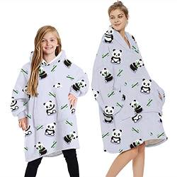 Geagodelia Oversized Hoodie Pullover für Damen Herren Kinder Kuschelig Fleece Oodie Decken Hoodie, Hoodie Decke zum Anziehen Kuschelpullover Hausanzug Kapuzenpullover (Hellgrau - Panda 02, 7-12 Jahre) von Geagodelia