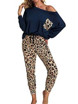 Geagodelia Schlafanzug-Set für Damen und Winter, 2-teilig, Leopardenmuster, langärmlig, Rundhalsausschnitt, lange Hose, mehrfarbig, S-2XL, blau, M von Geagodelia