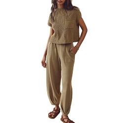 Geagodelia Zweiteiler Damen Elegant Hosenanzug Outfit Kleidung 2 Teiler Set Strick Top + Hose Y2k Aesthetic Clothes Loungewear Anzug Skims Dupes (B - Khaki, S) von Geagodelia