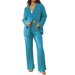 Geagodelia Zweiteiler Damen Plissee Outfit Kleidung Elegant Hosenanzug 2 Teiler Set Weite Hose + Button Down Langarmshirt Loungewear Streatwear Anzug Sommer (A - Türkis, M) von Geagodelia