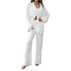 Geagodelia Zweiteiler Damen Plissee Outfit Kleidung Elegant Hosenanzug 2 Teiler Set Weite Hose + Button Down Langarmshirt Loungewear Streatwear Anzug Sommer (A - Weiß, S) von Geagodelia