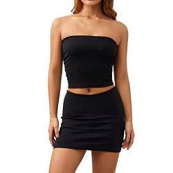 Geagodelia Zweiteiler Damen Sommer Minirock 2 Teiler Set Tube/Crop/Tank Top Oberteil + Kurze Rock Y2k Aesthetic Clothes Sexy Outfits Kleidung Anzug (A - Schwarz (Tube Top), S) von Geagodelia