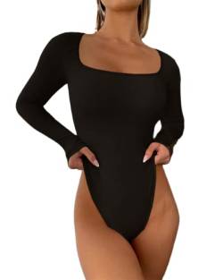 Gerippter Body Damen Elegant Langarm Oberteil Sexy Top Langarmshirt Unterziehshirt Figurbetont Langarmbody Bodycon Jumpsuit Party Outfit (Schwarz, XL) von Geagodelia