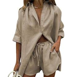 Leinen Zweiteiler Damen Sommer Shorts und Top Bluse Oberteil Set Kurz 2 Teilig Leinenanzug Elegant Outfits Loungewear Set für Strand (B 01- Khaki, M) von Geagodelia