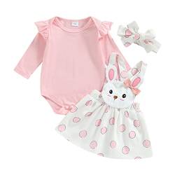 Neugeborenes Baby Mädchen Ostern Outfit Langarm Strampler Bodysuit Kaninchen Hosenträger Rock Stirnband Mein Erstes Ostern Baby Mädchen Kleidung Set Baby Sommer Outfit (A 01-Pink , 12-18 Months ) von Geagodelia