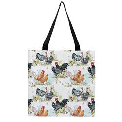 Huhn Blumen Damen Schultertasche mit Reißverschluss Handtasche Umhängetasche Groß Canvas Einkaufstasche Stofftasche für Arbeit Büro Reisen Einkaufen Schule Alltag Multicolor Einheitsgröße von GeauDoup