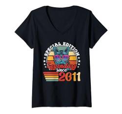 Damen Retro Katze mit Sonnenbrille Lustiger Spruch Jahrgang 2011 T-Shirt mit V-Ausschnitt von Geburtstag Jahreszahl Katzen Katzenhalter