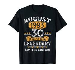 Vintage August 1993 Lustig Geschenk 30. Geburtstag Mann T-Shirt von Geburtstagsgeschenk Damen Herren 1993 Geschenkidee