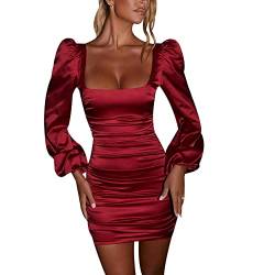 Damen Elegant Square Neck Bodycon Minikleid Langarm Rückenfrei Reißverschluss Plissee Solide Party Kleider Clubwear, rot, Small von Gediffwer